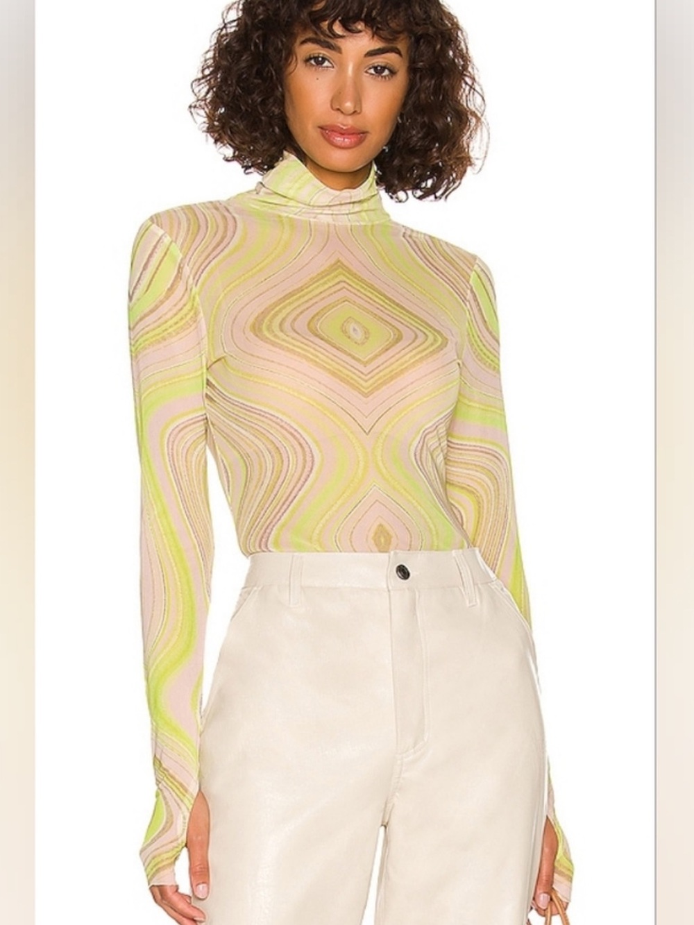 AFRM Long Sleeve Turtleneck Swirl Print Top - Yellow & Cream